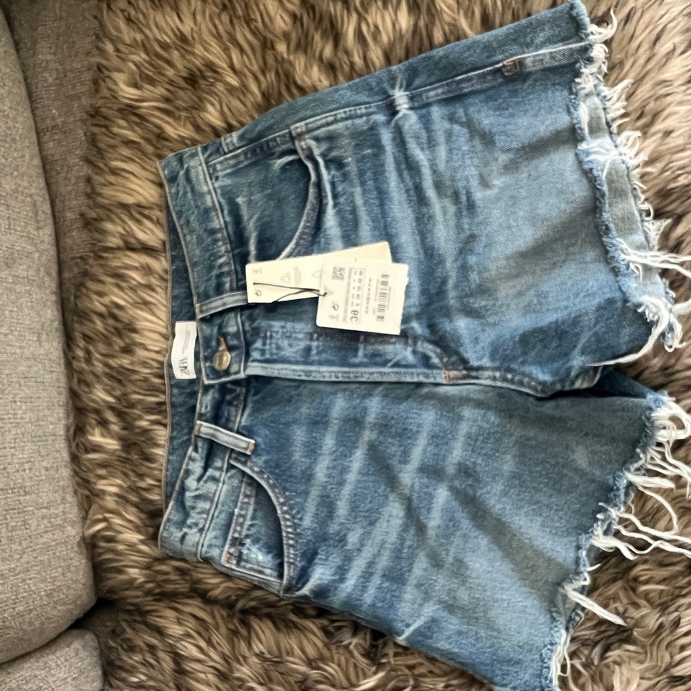 Zara Blue Jean Shorts Distressed Hem Casual